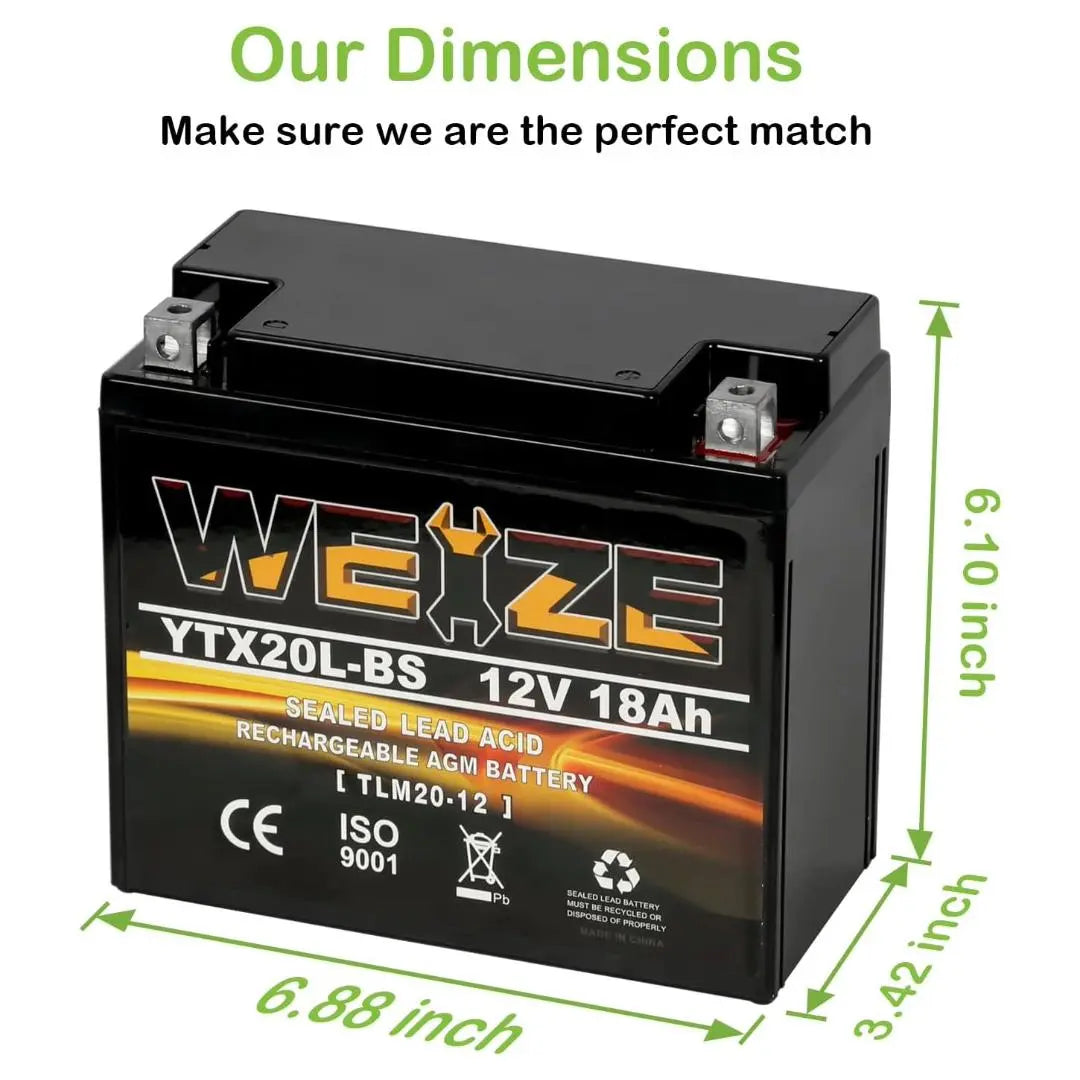 WEIZE YTX20L-BS 12V 18Ah High Performance Power Sports-Maintenance Free-Sealed AGM Motorcycle Battery ETX20L BS For Motorcycle ATV UTV snowmobile