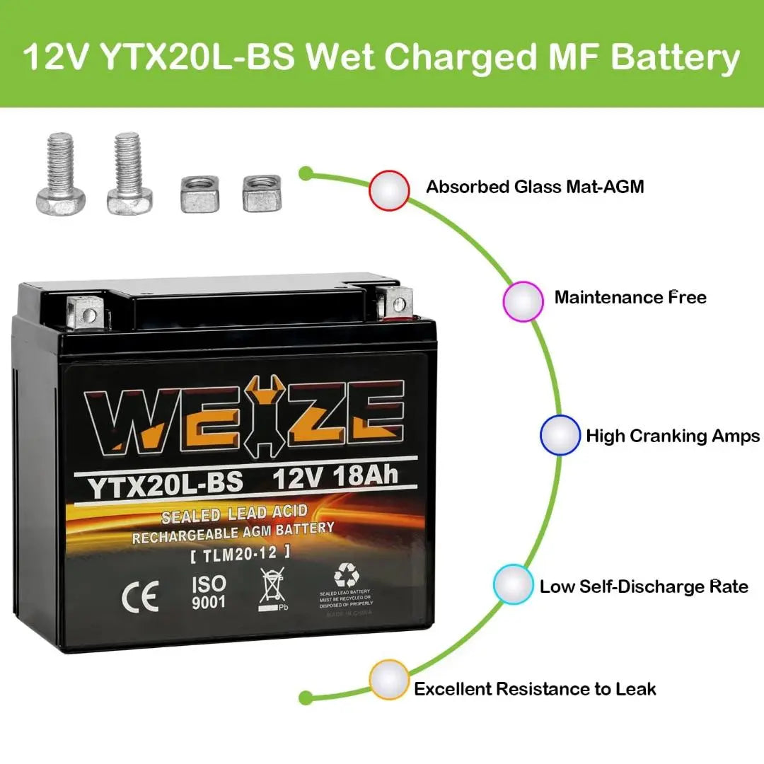 WEIZE YTX20L-BS 12V 18Ah High Performance Power Sports-Maintenance Free-Sealed AGM Motorcycle Battery ETX20L BS For Motorcycle ATV UTV snowmobile