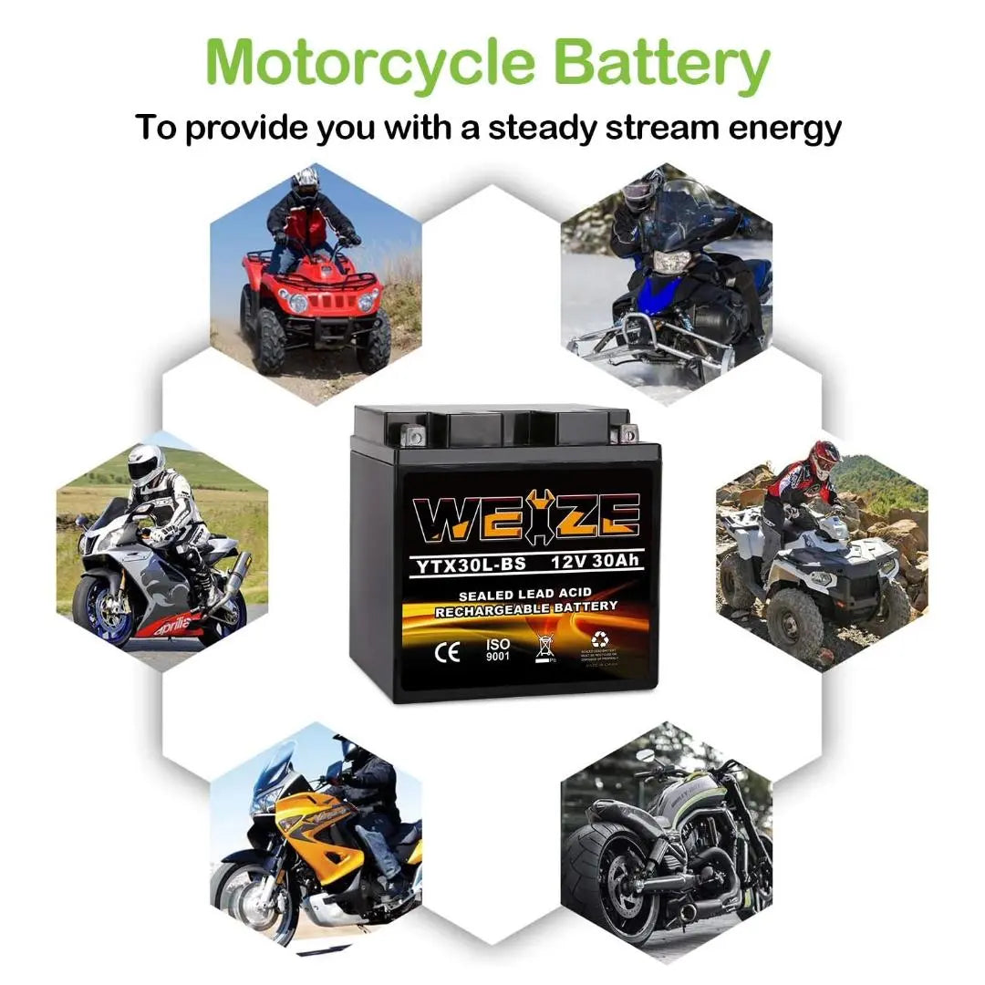 WEIZE YTX30L-BS 12V 30Ah Battery Replacement Yuasa YIX30L Motorcycle Battery-Factory Sealed-Maintenance Free-High Performance ETX30L BS For Harley Davidson Polaris Sportsman