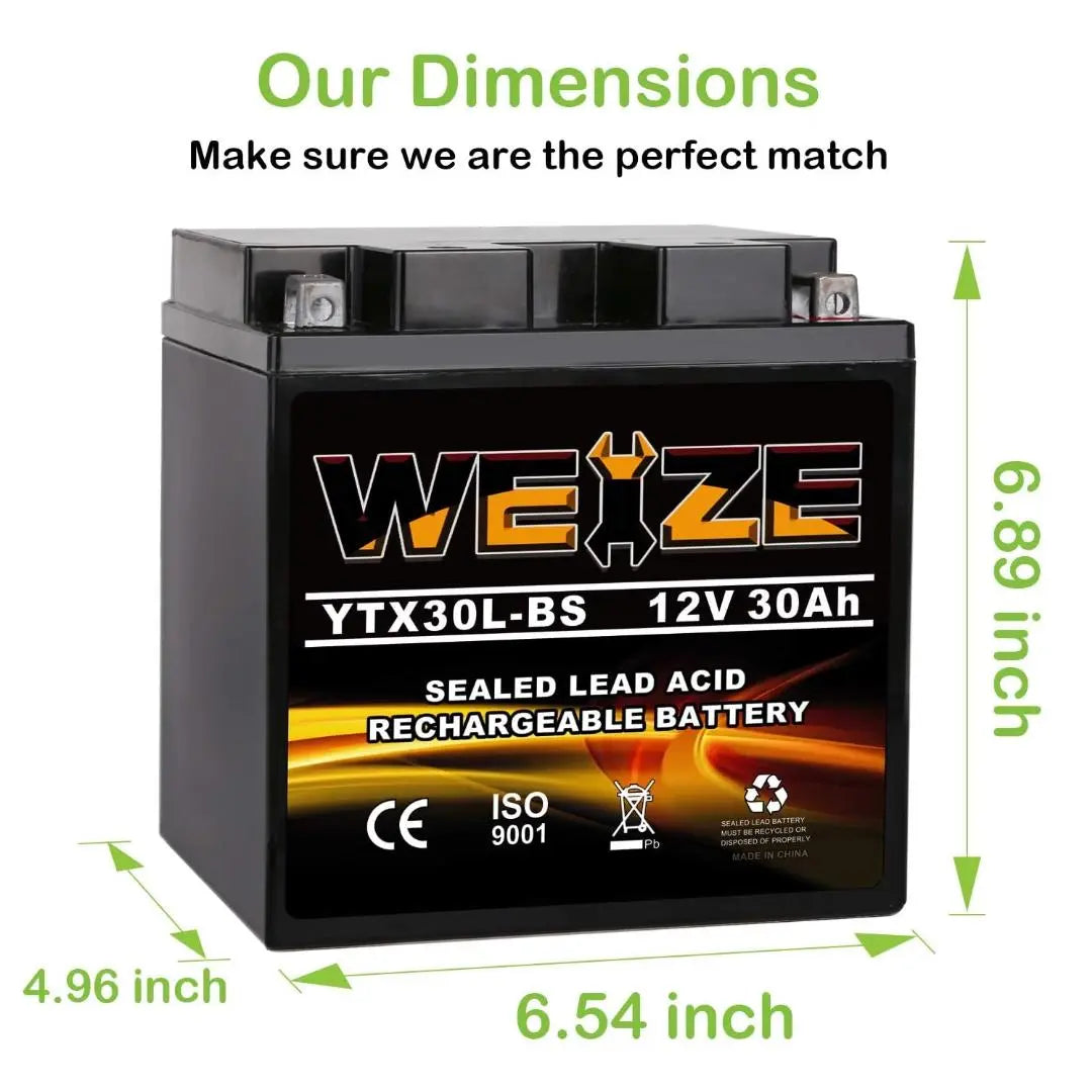 WEIZE YTX30L-BS 12V 30Ah Battery Replacement Yuasa YIX30L Motorcycle Battery-Factory Sealed-Maintenance Free-High Performance ETX30L BS For Harley Davidson Polaris Sportsman