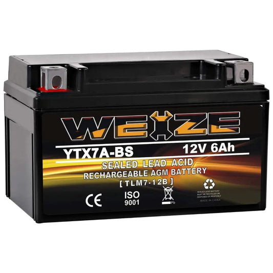 WEIZE YTX7A-BS 12V 6Ah High Performance - Maintenance Free - Sealed AGM Motorcycle Battery compatible with Gas Gy6 Scooter Moped 50CC 125CC