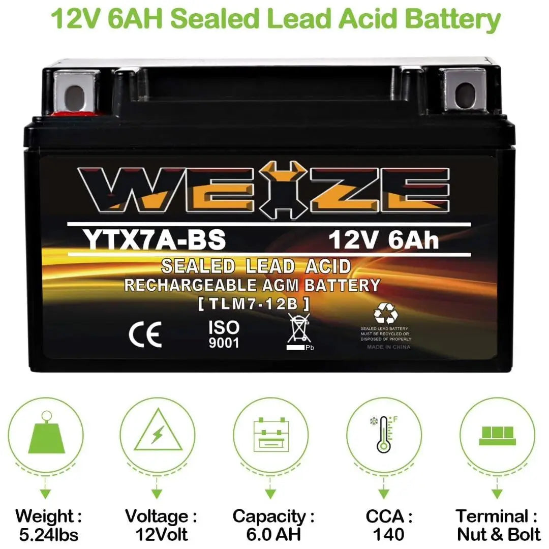 WEIZE YTX7A-BS 12V 6Ah High Performance - Maintenance Free - Sealed AGM Motorcycle Battery compatible with Gas Gy6 Scooter Moped 50CC 125CC