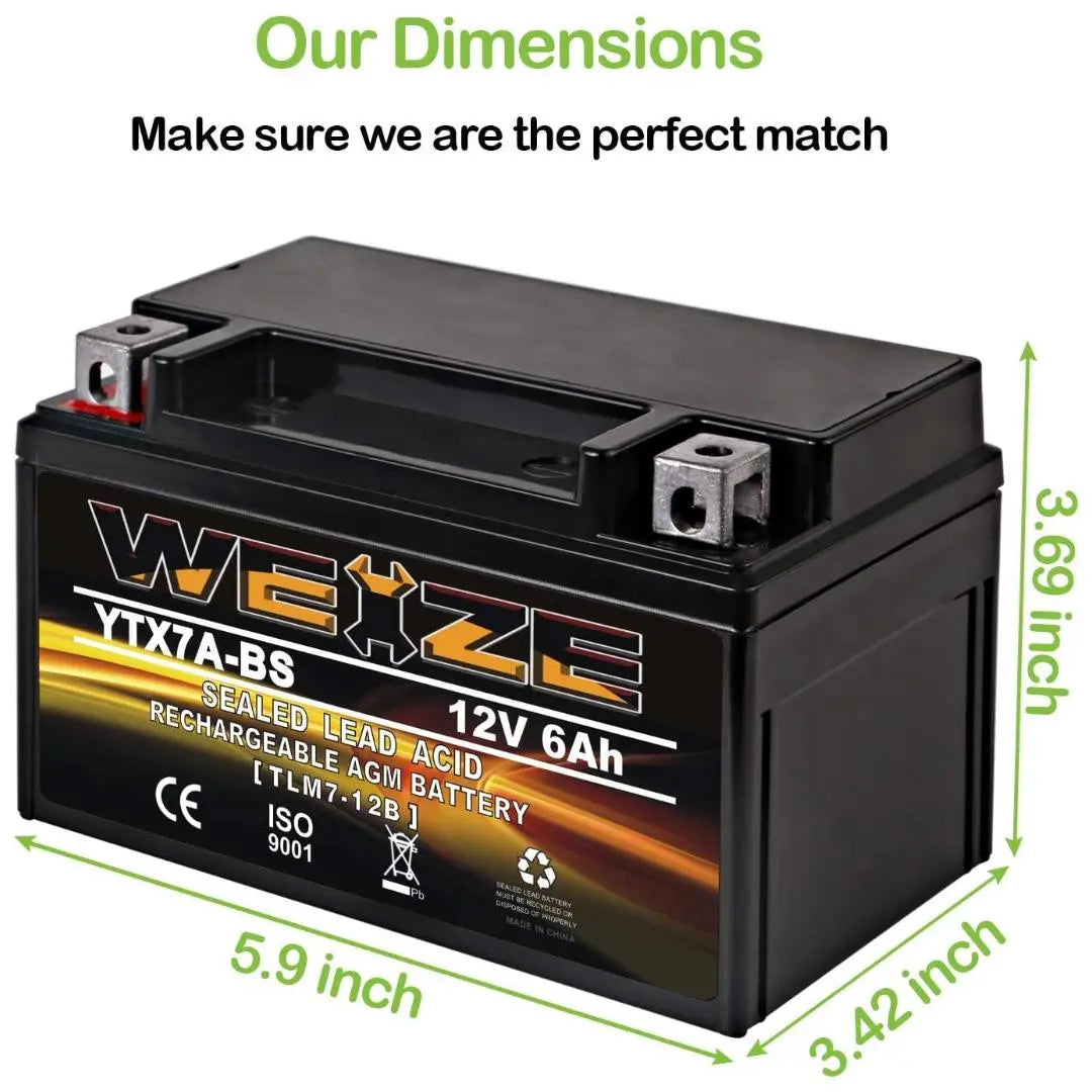 WEIZE YTX7A-BS 12V 6Ah High Performance - Maintenance Free - Sealed AGM Motorcycle Battery compatible with Gas Gy6 Scooter Moped 50CC 125CC