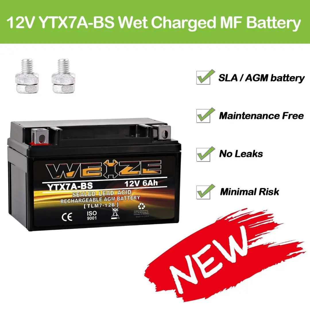 WEIZE YTX7A-BS 12V 6Ah High Performance - Maintenance Free - Sealed AGM Motorcycle Battery compatible with Gas Gy6 Scooter Moped 50CC 125CC