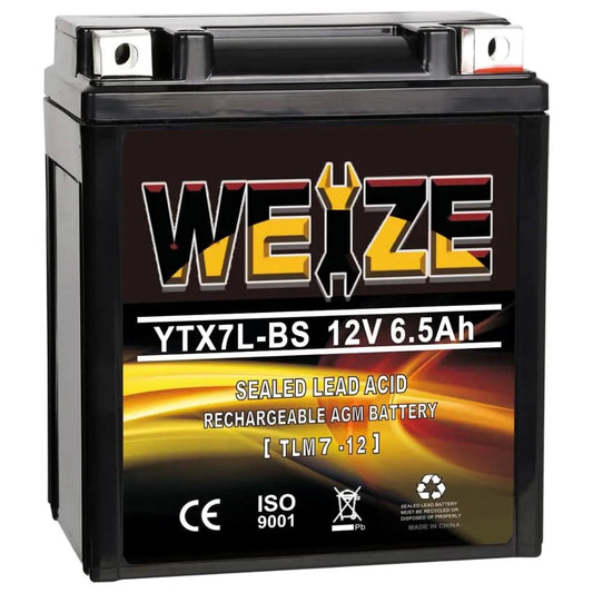 WEIZE YTX7L-BS 12V 6.5Ah High Performance - Maintenance Free - Sealed AGM 100CCA ATV Motorcycle Battery compatible with Honda Kawasaki Suzuki