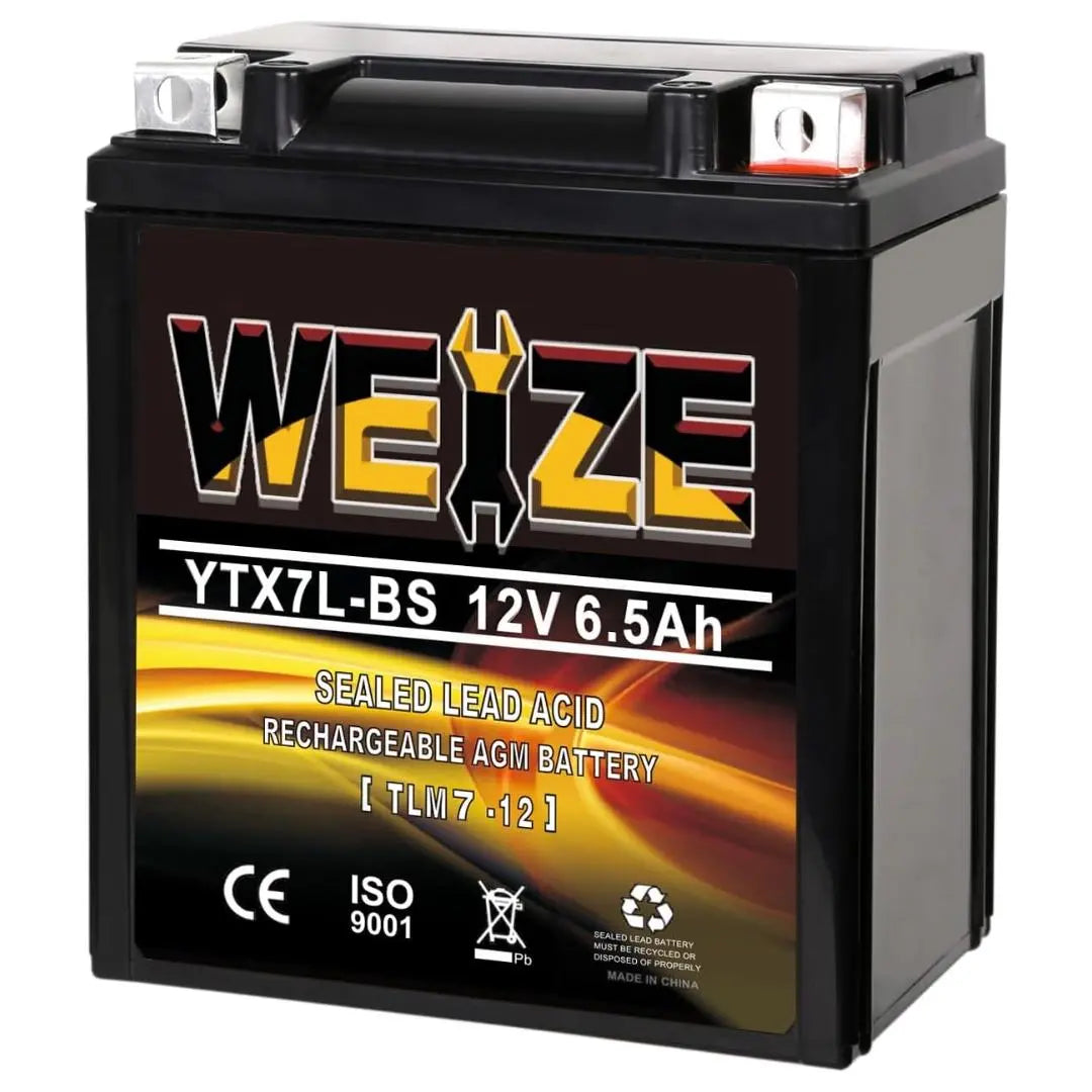 WEIZE YTX7L-BS 12V 6.5Ah High Performance - Maintenance Free - Sealed AGM 100CCA ATV Motorcycle Battery compatible with Honda Kawasaki Suzuki