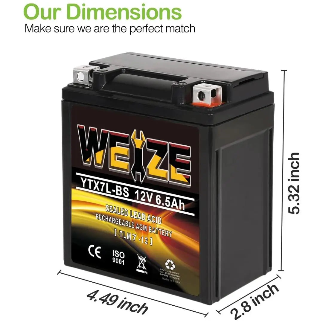 WEIZE YTX7L-BS 12V 6.5Ah High Performance - Maintenance Free - Sealed AGM 100CCA ATV Motorcycle Battery compatible with Honda Kawasaki Suzuki