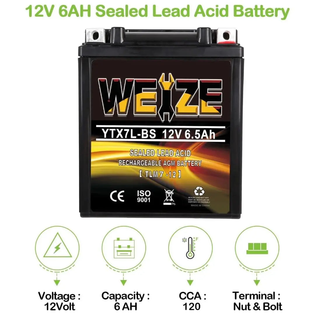 WEIZE YTX7L-BS 12V 6.5Ah High Performance - Maintenance Free - Sealed AGM 100CCA ATV Motorcycle Battery compatible with Honda Kawasaki Suzuki