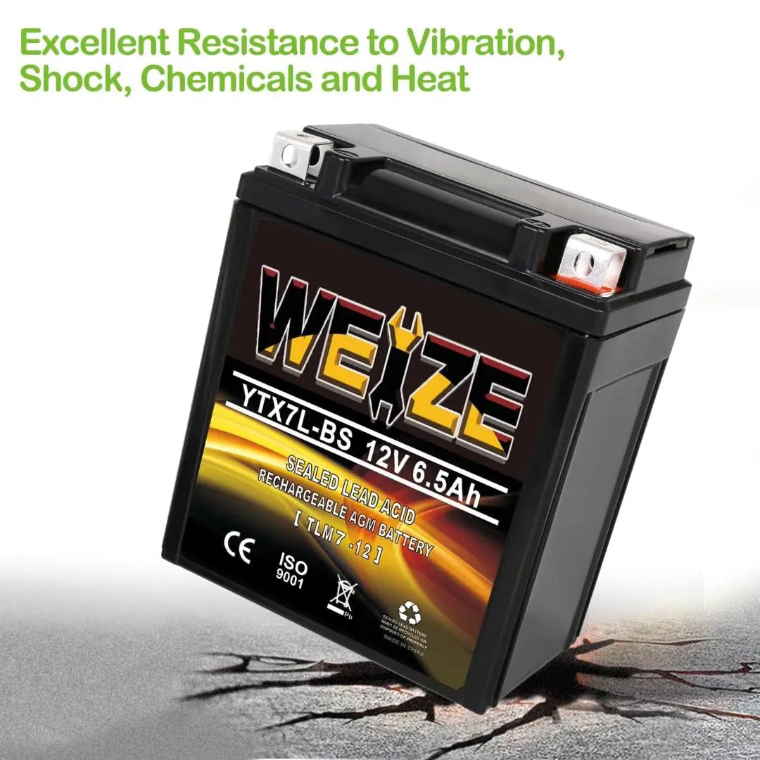 WEIZE YTX7L-BS 12V 6.5Ah High Performance - Maintenance Free - Sealed AGM 100CCA ATV Motorcycle Battery compatible with Honda Kawasaki Suzuki