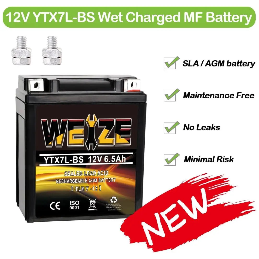 WEIZE YTX7L-BS 12V 6.5Ah High Performance - Maintenance Free - Sealed AGM 100CCA ATV Motorcycle Battery compatible with Honda Kawasaki Suzuki