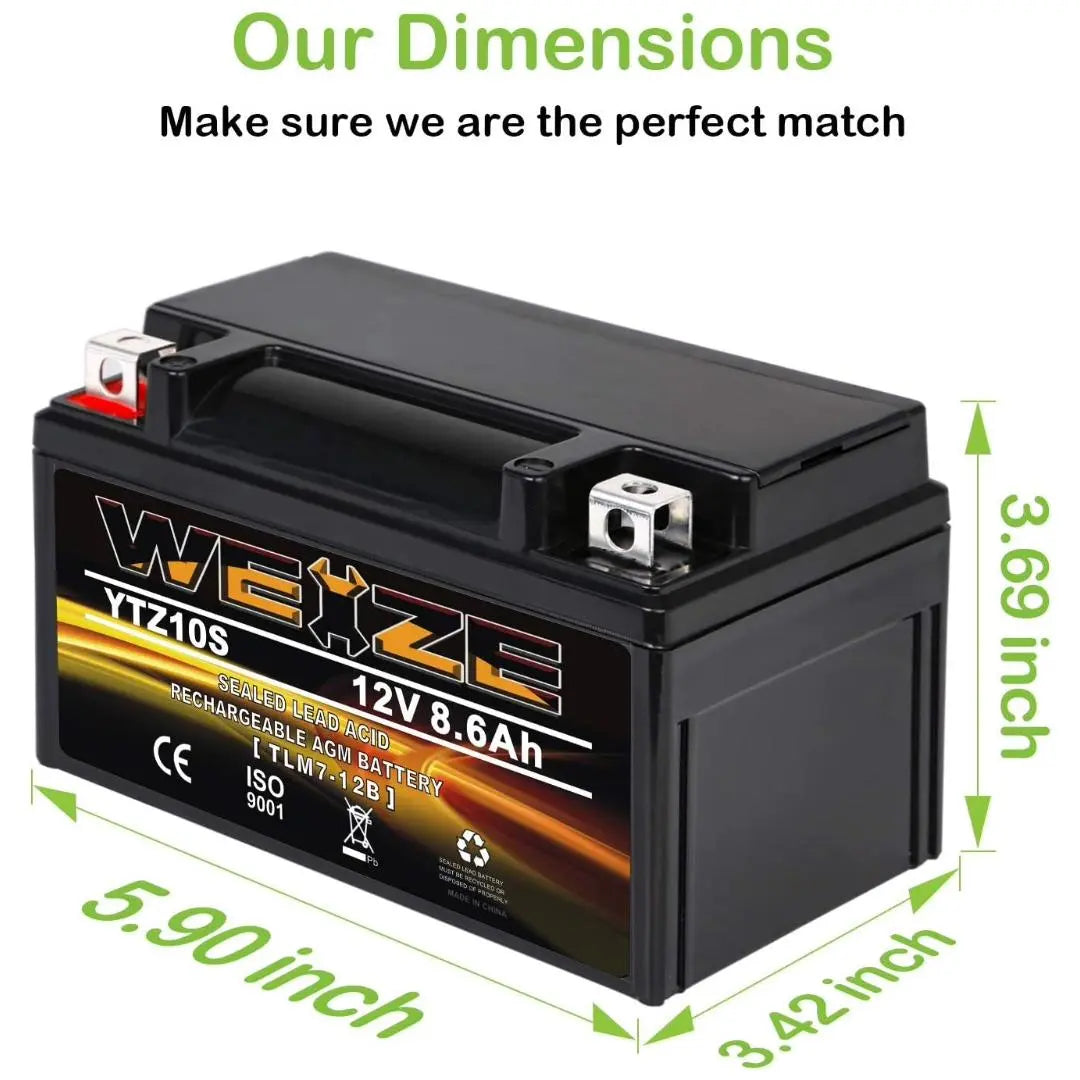 WEIZE YTZ10S-BS 12V 8.6Ah High Performance - Maintenance Free - Sealed AGM Motorcycle Battery Compatible With Yamaha Honda