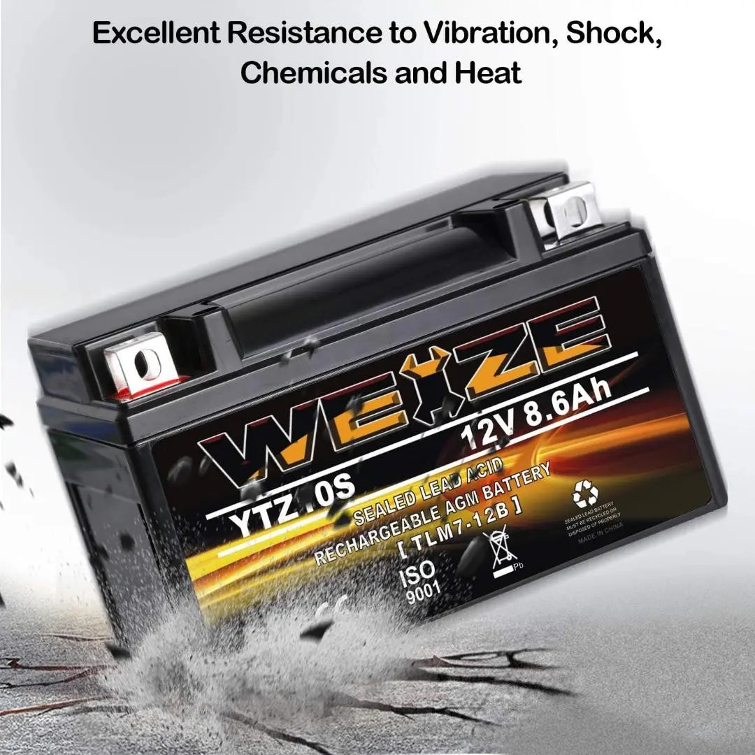 WEIZE YTZ10S-BS 12V 8.6Ah High Performance - Maintenance Free - Sealed AGM Motorcycle Battery Compatible With Yamaha Honda