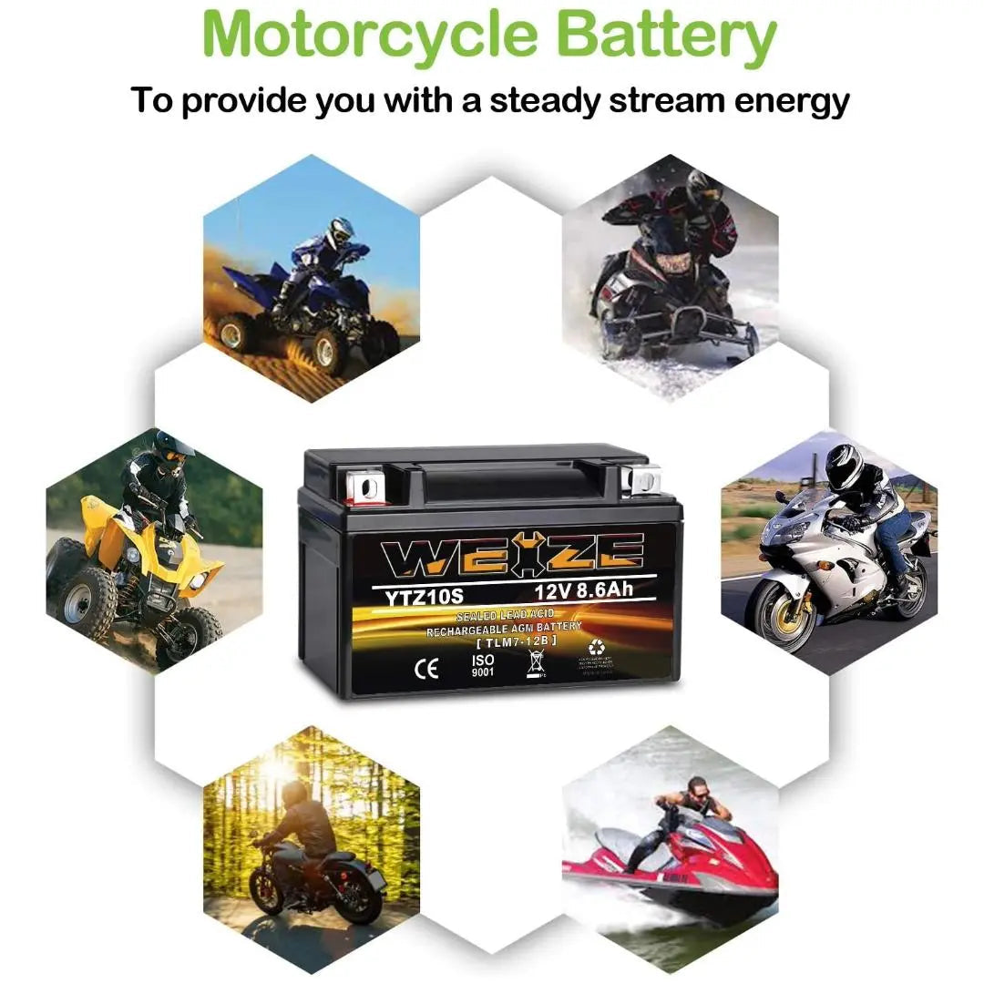 WEIZE YTZ10S-BS 12V 8.6Ah High Performance - Maintenance Free - Sealed AGM Motorcycle Battery Compatible With Yamaha Honda