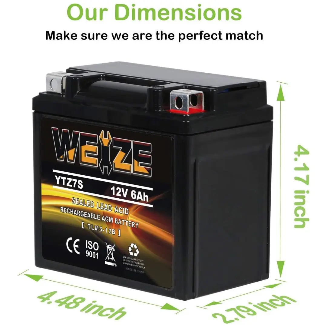 WEIZE YTZ7S-BS 12V 6Ah High Performance - Maintenance Free AGM Motorcycle Battery Replacement YTZ7S Compatible with Honda TRX450ER TRX450R ATV Motorcycle