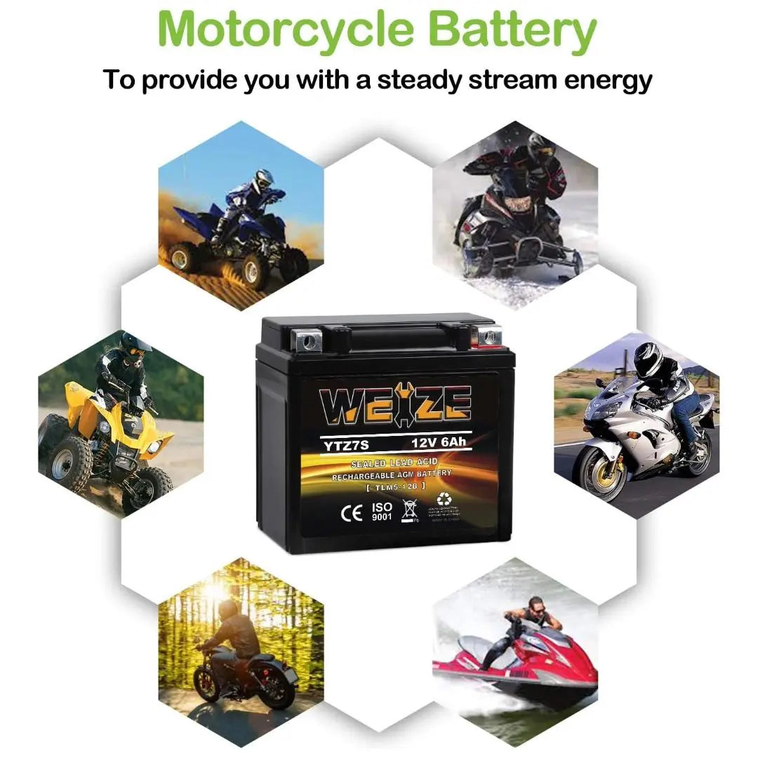 WEIZE YTZ7S-BS 12V 6Ah High Performance - Maintenance Free AGM Motorcycle Battery Replacement YTZ7S Compatible with Honda TRX450ER TRX450R ATV Motorcycle